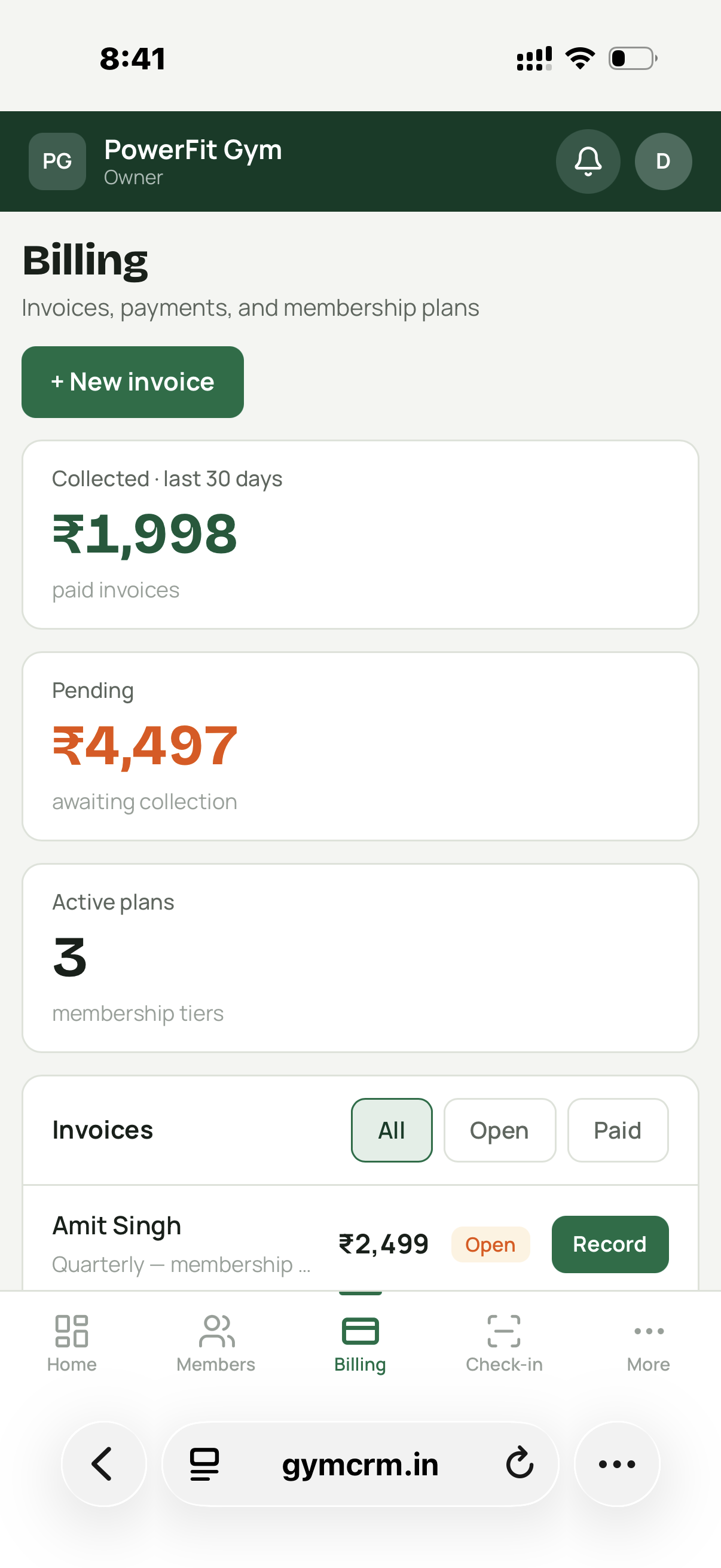 GymCRM billing screen