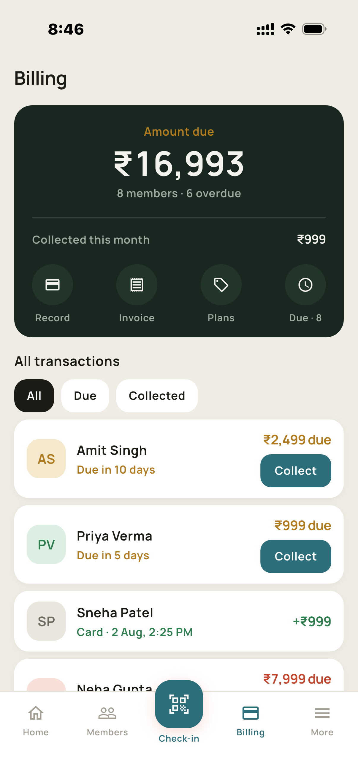GymCRM billing screen