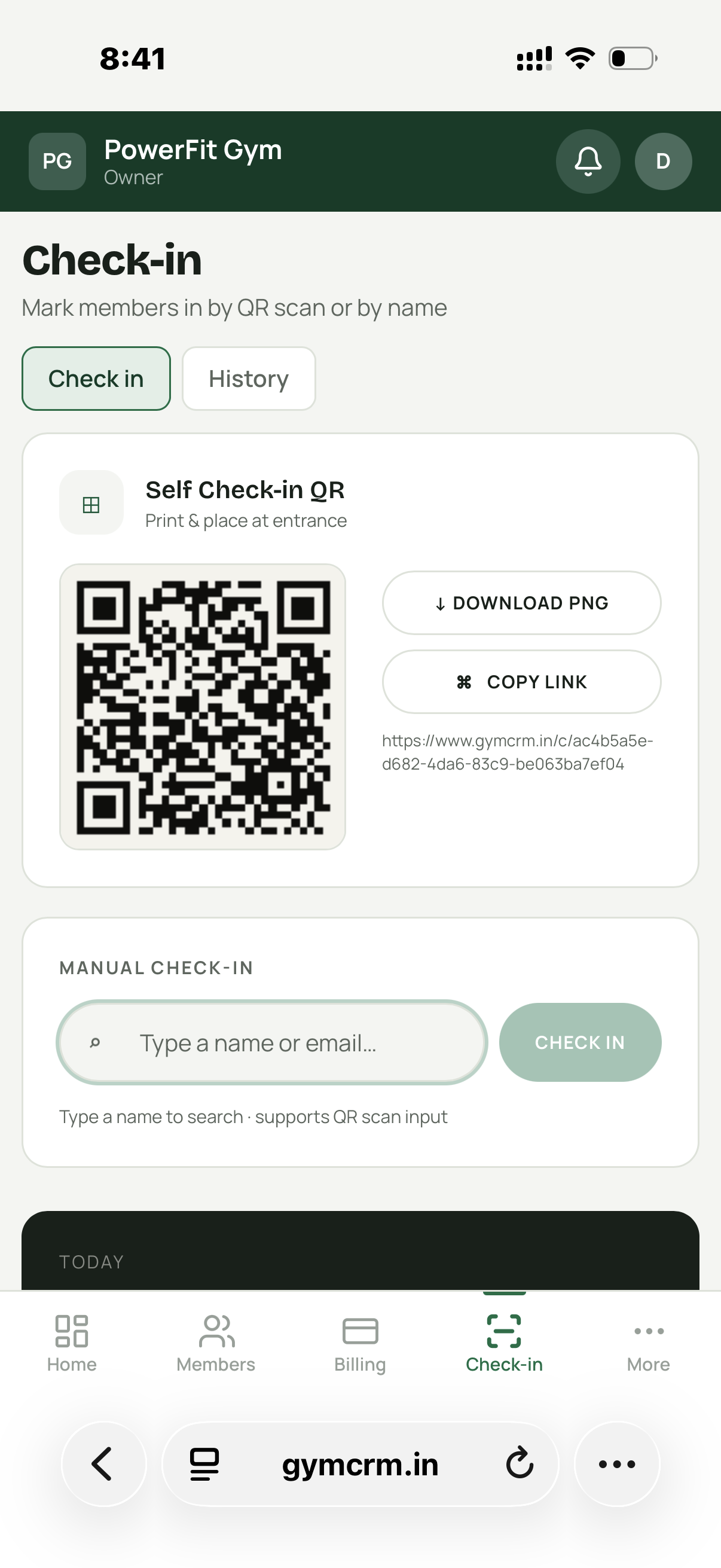 GymCRM check-in screen