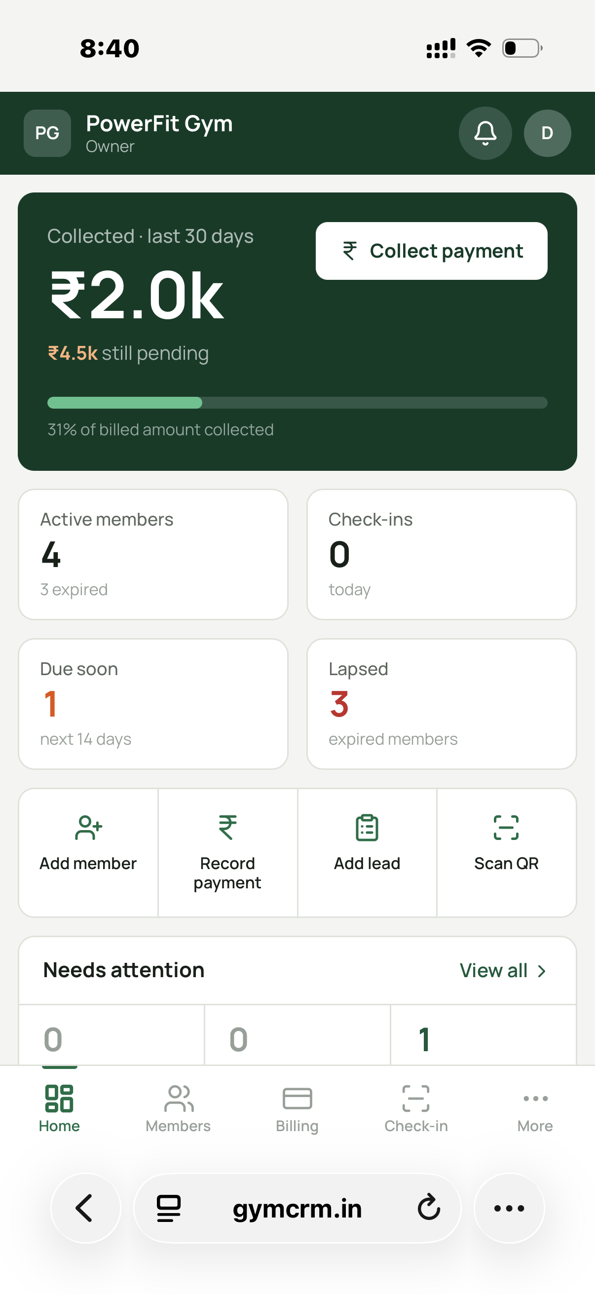 GymCRM dashboard screen