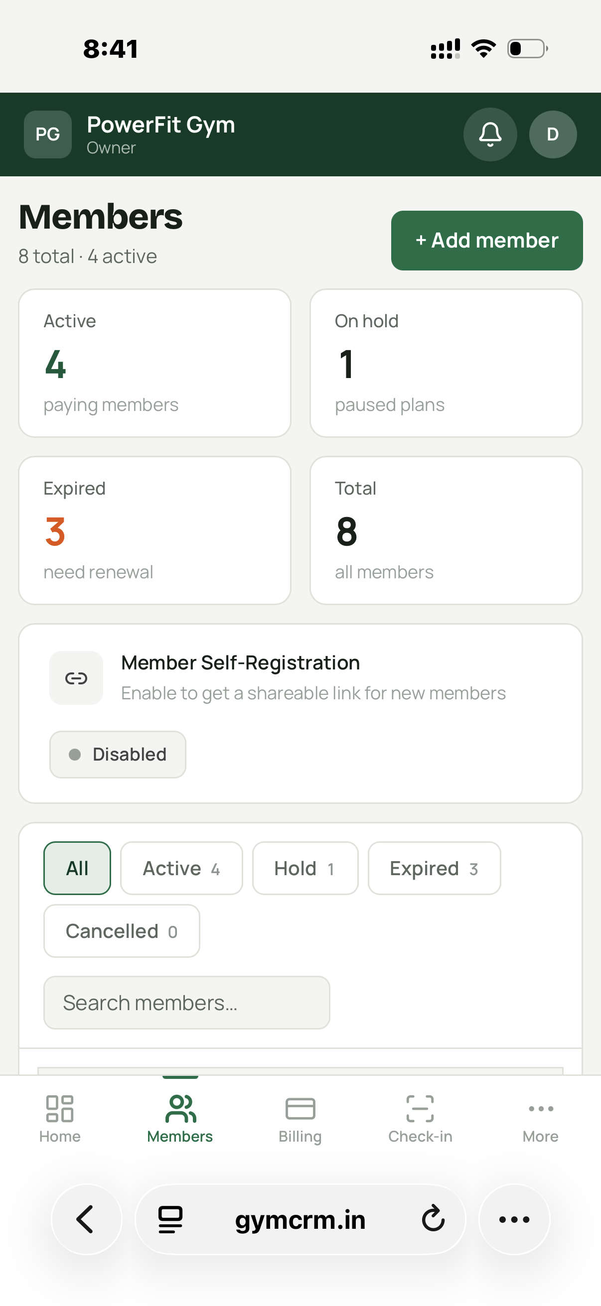 GymCRM members screen