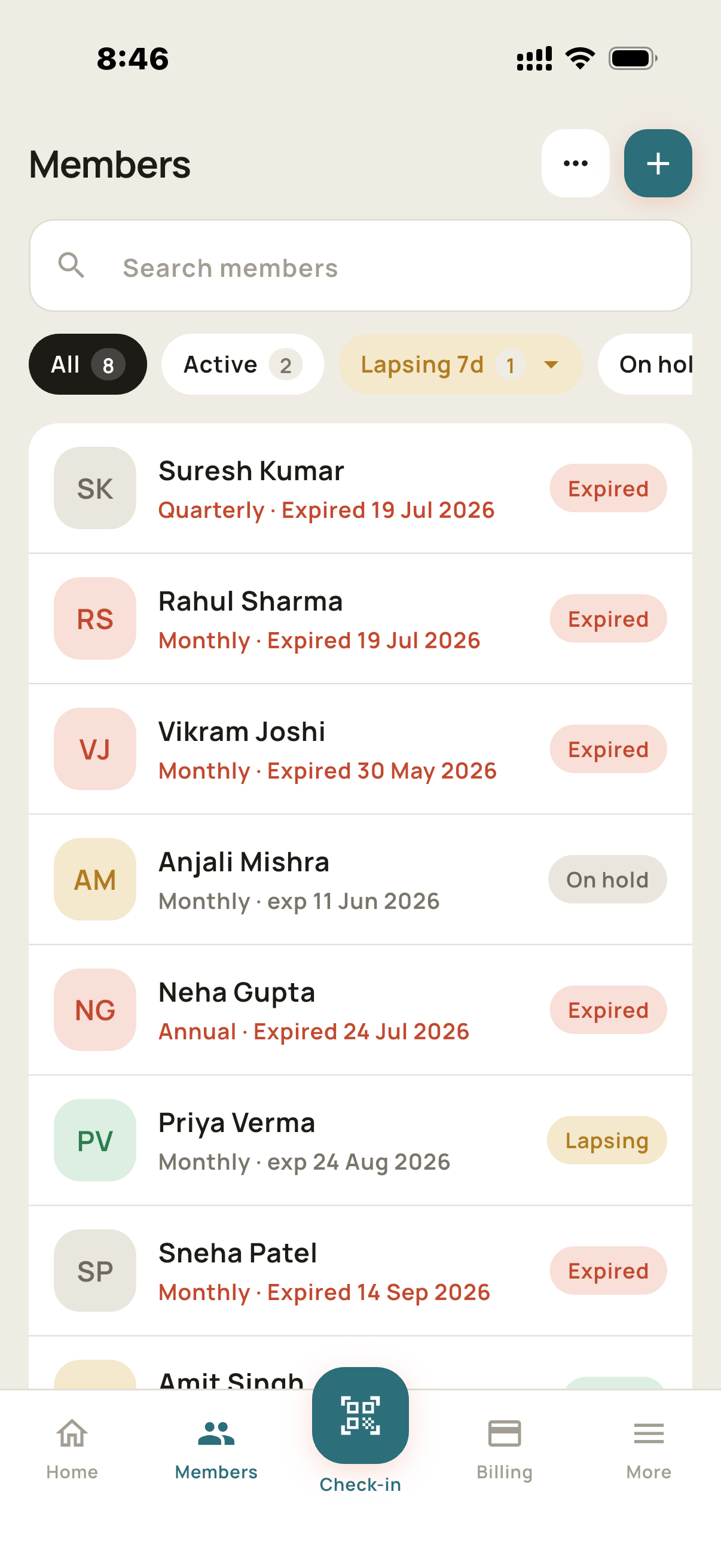 GymCRM members screen