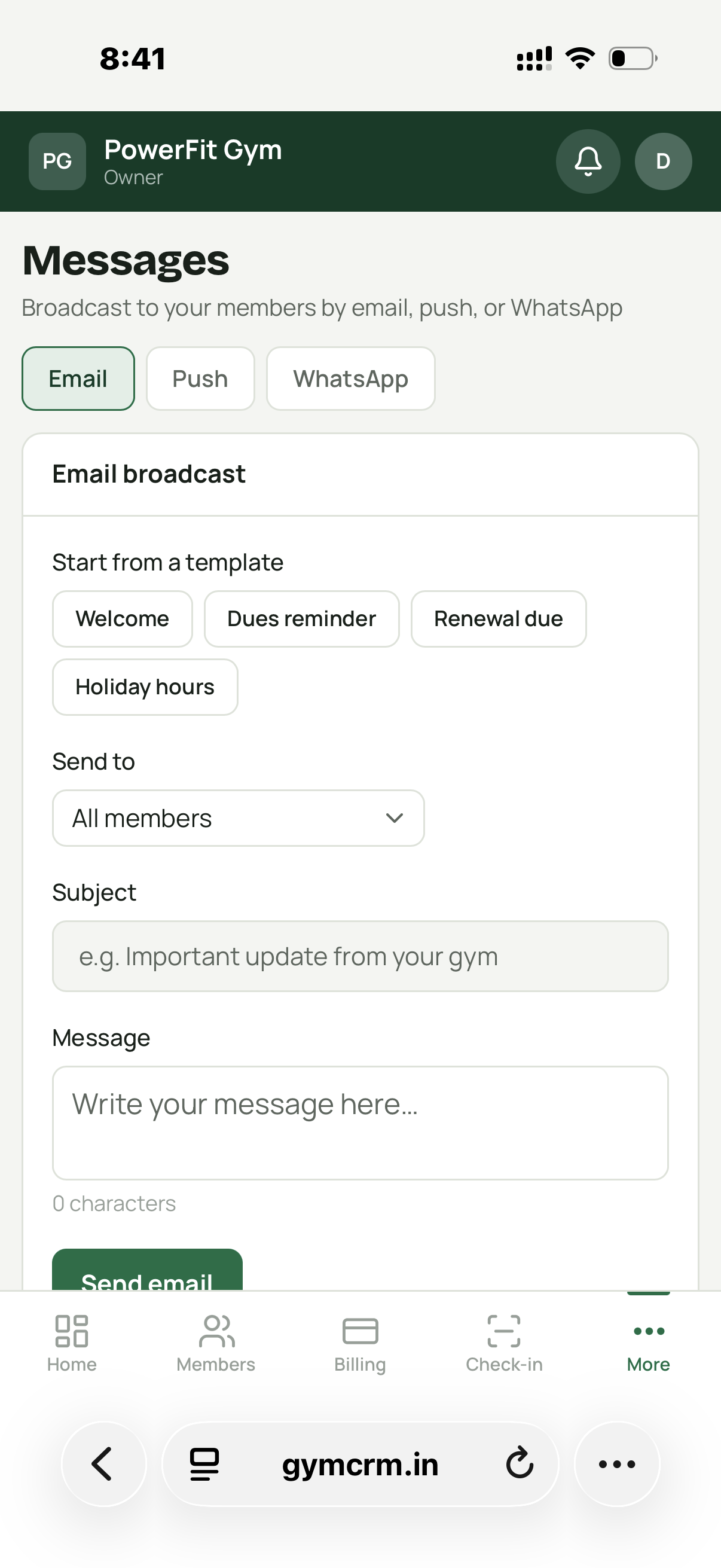 GymCRM messages screen