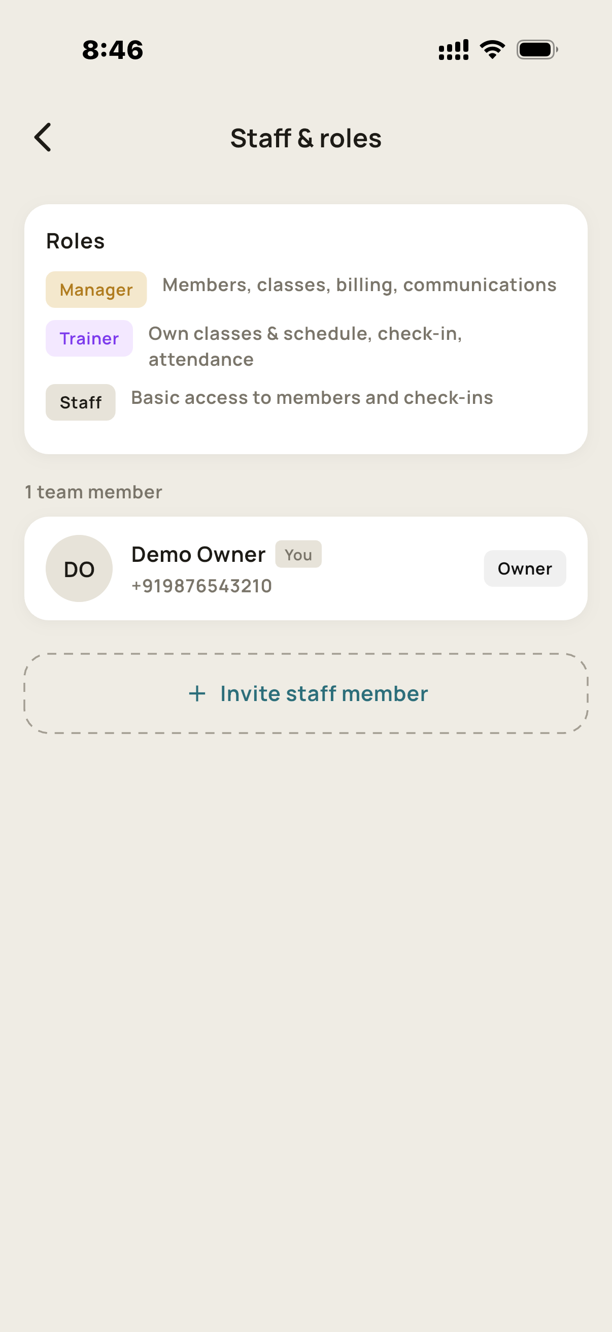 GymCRM staff screen